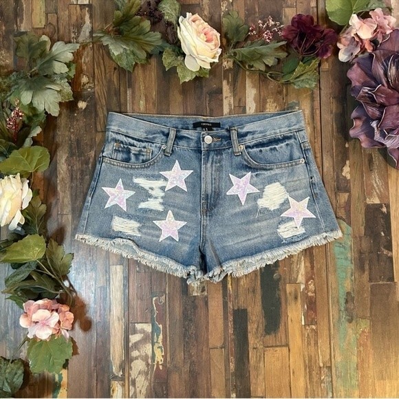 NWT Sequin Star High Rise Raw Hem Jean Shorts M - Picture 1 of 6